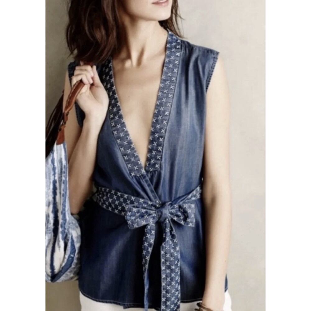 Holding Horses Anthropologie Chambray Wrap Top Size XL Sleeveless Top with Belt